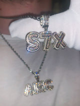 Custom Baguette Micro Letter Pendants - (1-8 Letter) - CZ Set - Silver or Gold - Matching Rope Chain