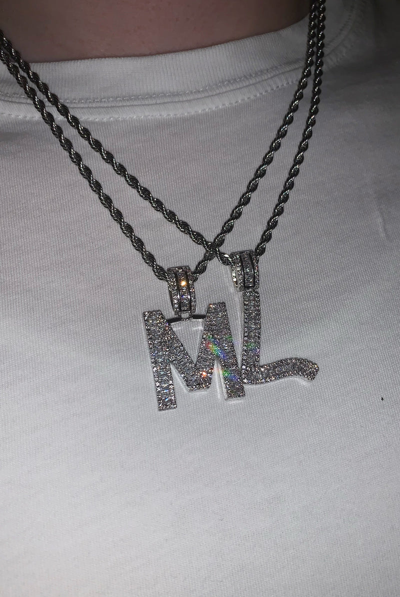 Custom Baguette Initial Pendant and Chain - Silver or Gold - 20 Inch Chain