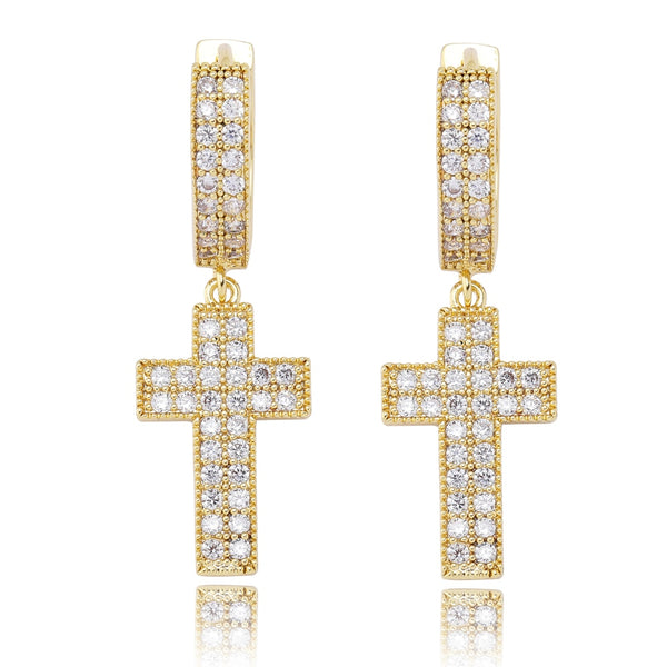 Hoop Cross Hanging Encrusted Earrings - Gold