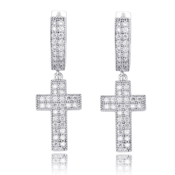 Hoop Cross Hanging Encrusted Earrings - Silver