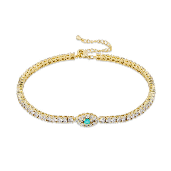 Hamsa Blue Eye Encrusted Anklet - Gold