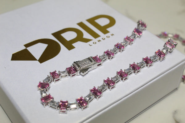 Pink Emerald Tennis Chain - Cubic Zirconia - Silver - Various Lengths