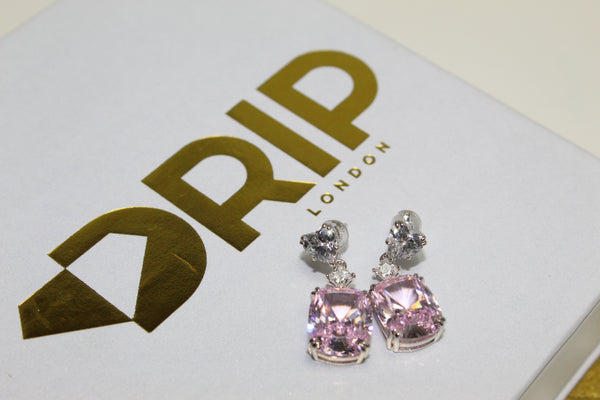 Diamond Heart Solitaire Stone Earrings - Silver - Light Pink