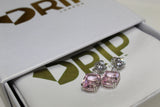 Diamond Heart Solitaire Stone Earrings - Silver - Light Pink