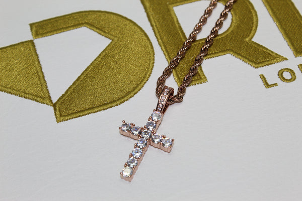 Rose Gold Cross - Cubic Zirconia - Pendant - Rope Chain