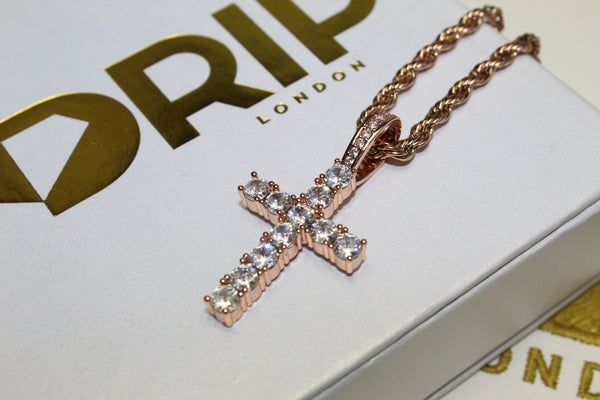 Rose Gold Cross - Cubic Zirconia - Pendant - Rope Chain