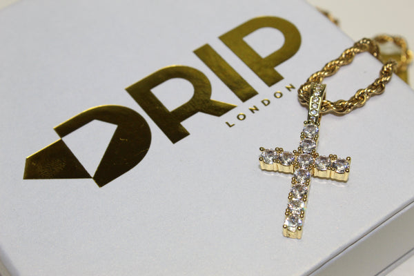 Gold Cross Necklace - Cubic Zirconia - Pendant - Rope Chain