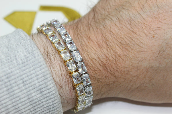 6mm Baguette Tennis Bracelet - Plated - 7 & 8 Inch - Silver & Gold