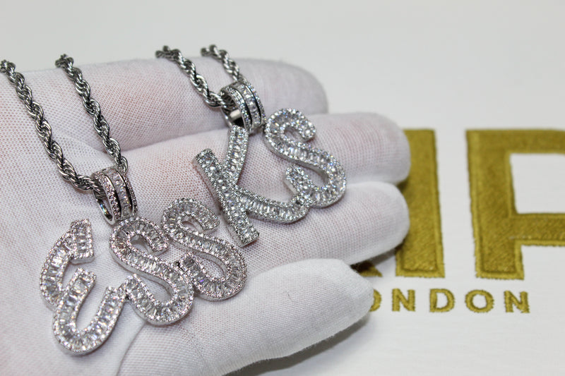 Custom Baguette Letter Pendants - (1-9 Letter) - Silver or Gold - Matching Rope Chain