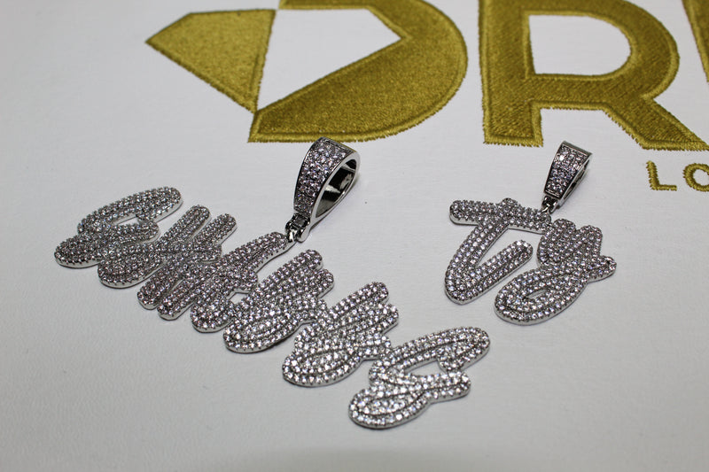 Custom Script Layered Letter Pendant - (2-8 Letter) - CZ Set - Silver or Gold - Matching Rope Chain