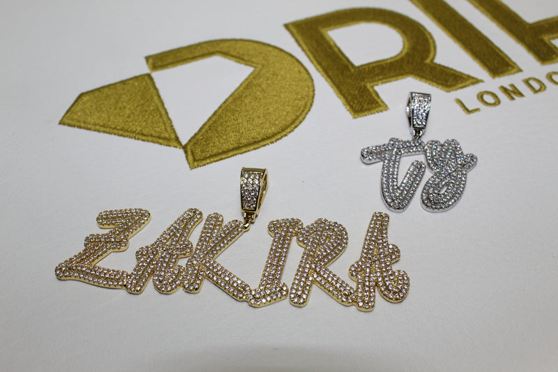 Custom Script Layered Letter Pendant - (2-8 Letter) - CZ Set - Silver or Gold - Matching Rope Chain