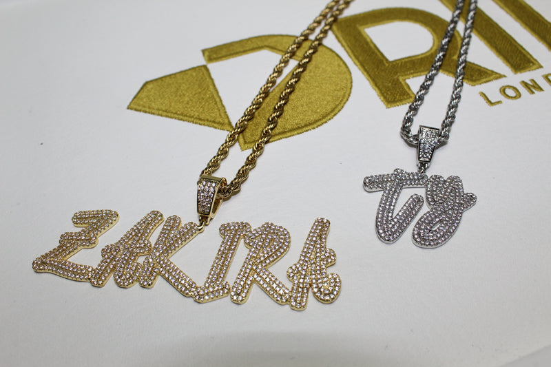 Custom Script Layered Letter Pendant - (2-8 Letter) - CZ Set - Silver or Gold - Matching Rope Chain