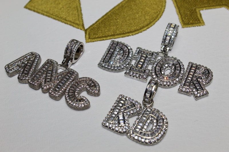 Custom Baguette Micro Letter Pendants - (1-8 Letter) - CZ Set - Silver or Gold - Matching Rope Chain