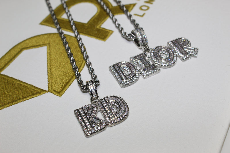 Custom Baguette Micro Letter Pendants - (1-8 Letter) - CZ Set - Silver or Gold - Matching Rope Chain