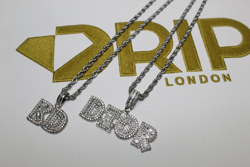 Custom Baguette Micro Letter Pendants - (1-8 Letter) - CZ Set - Silver or Gold - Matching Rope Chain