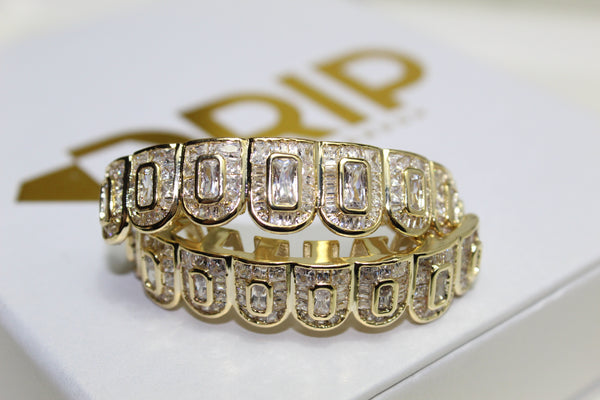 Silver or Gold Baguette - Full Mouth CZ Encrusted Grills (Plated) - Water Moulded