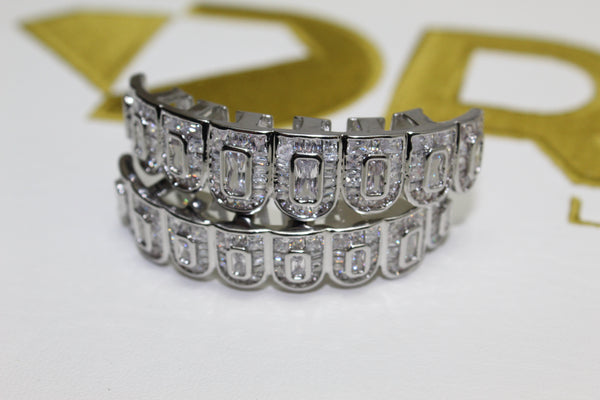 Silver or Gold Baguette - Full Mouth CZ Encrusted Grills (Plated) - Water Moulded