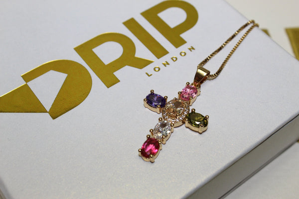 6 Colour Cross Necklace - Cubic Zirconia - Pendant - Rope Chain