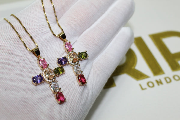 6 Colour Cross Necklace - Cubic Zirconia - Pendant - Rope Chain