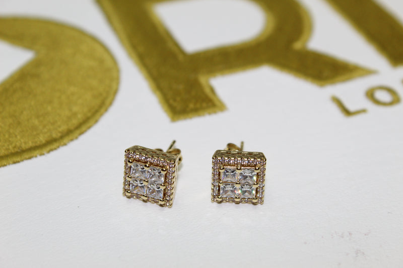 Large Stud Baguette Encrusted Earrings - Silver & Gold