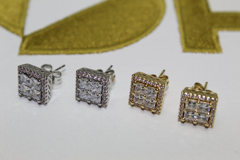 Large Stud Baguette Encrusted Earrings - Silver & Gold