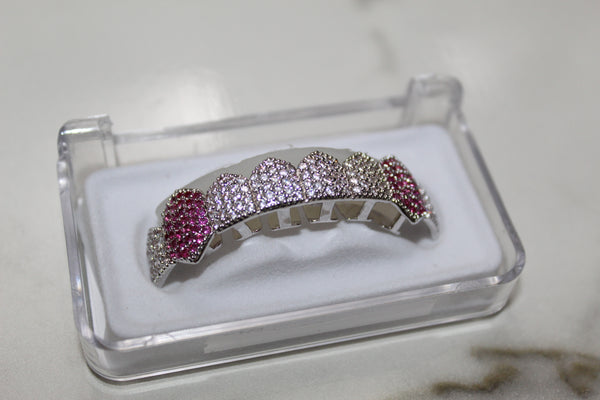 Silver and Pink - 1 Row CZ Encrusted Grills (Plated) - Water Moulded