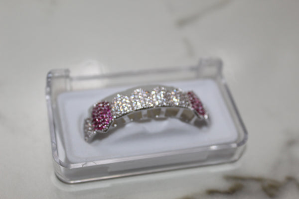 Silver and Pink - 1 Row CZ Encrusted Grills (Plated) - Water Moulded