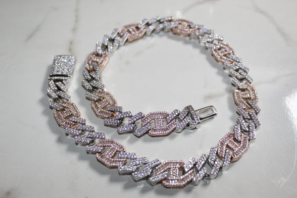 Cuban Curb Link Chain - 2 Tone or Silver - 14mm - Cubic Zirconia - Silver & Rose Gold - Various Lengths