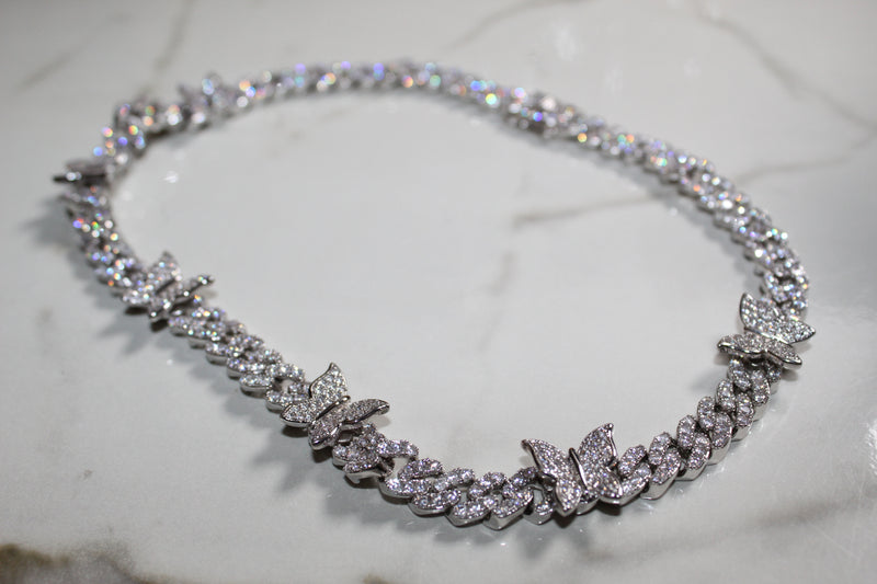 Butterfly Encrusted Cuban Chain - 9mm Cubic Zirconia - Silver - Various Lengths