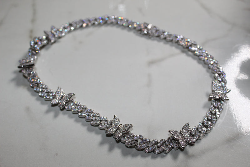 Butterfly Encrusted Cuban Chain - 9mm Cubic Zirconia - Silver - Various Lengths