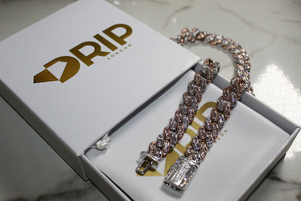 Baguette Cuban Link Chain - 14mm - Cubic Zirconia - Silver or Two Tone Rose Gold - Various Lengths