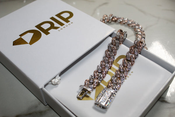 Baguette Cuban Link Chain - 14mm - Cubic Zirconia - Silver or Two Tone Rose Gold - Various Lengths