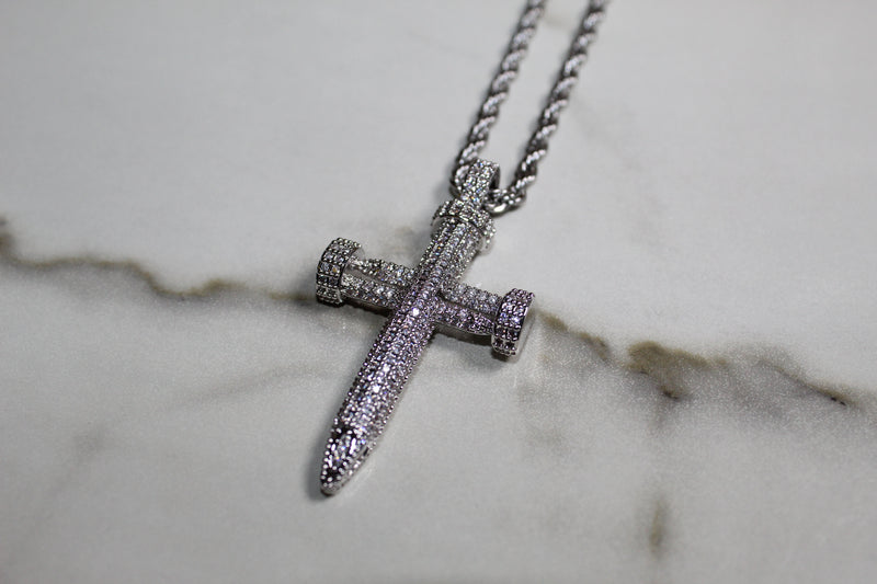 Bolt Cross Necklace - Cubic Zirconia - Pendant - Rope Chain