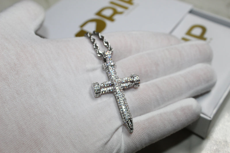 Bolt Cross Necklace - Cubic Zirconia - Pendant - Rope Chain