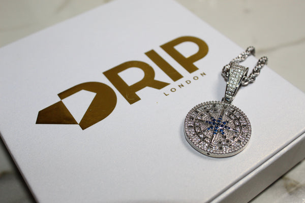 Compass Pendant & Chain - Cubic Zirconia - Silver - Rope Chain