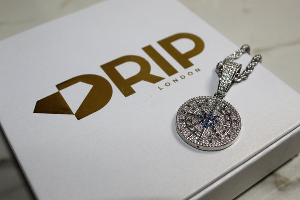 Compass Pendant & Chain - Cubic Zirconia - Silver - Rope Chain