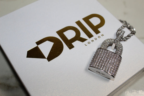 Padlock Pendant - Cubic Zirconia - Silver - Rope Chain