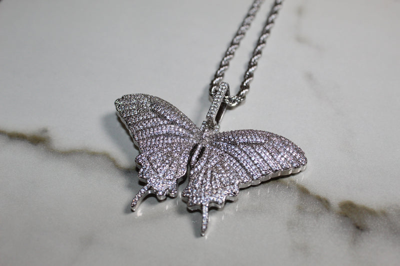 Butterfly Encrusted Necklace - Cubic Zirconia - Pendant - Silver - Rope Chain