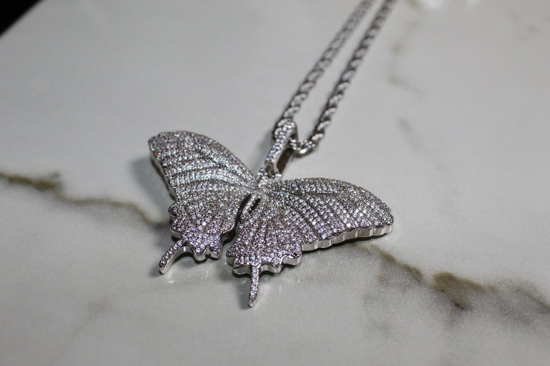 Butterfly Encrusted Necklace - Cubic Zirconia - Pendant - Silver - Rope Chain