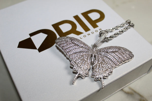 Butterfly Encrusted Necklace - Cubic Zirconia - Pendant - Silver - Rope Chain