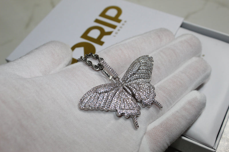 Butterfly Encrusted Necklace - Cubic Zirconia - Pendant - Silver - Rope Chain