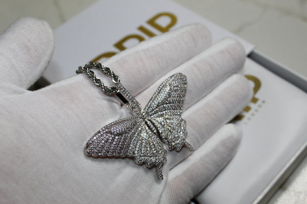 Butterfly Encrusted Necklace - Cubic Zirconia - Pendant - Silver - Rope Chain