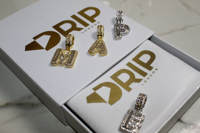 Custom Baguette Micro Letter Pendants - (1-8 Letter) - CZ Set - Silver or Gold - Matching Rope Chain