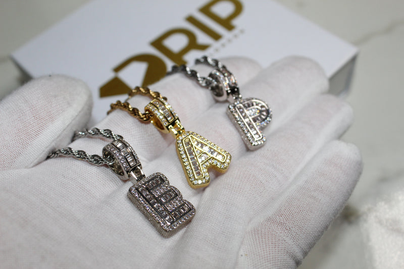 Custom Baguette Micro Letter Pendants - (1-8 Letter) - CZ Set - Silver or Gold - Matching Rope Chain