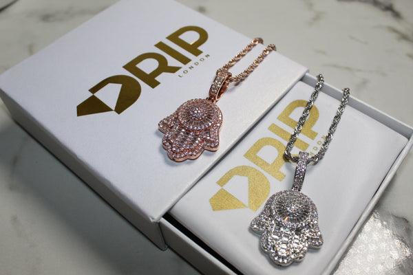 Hamsa Necklace - Cubic Zirconia - Pendant - Silver Or Rose Gold - Rope Chain