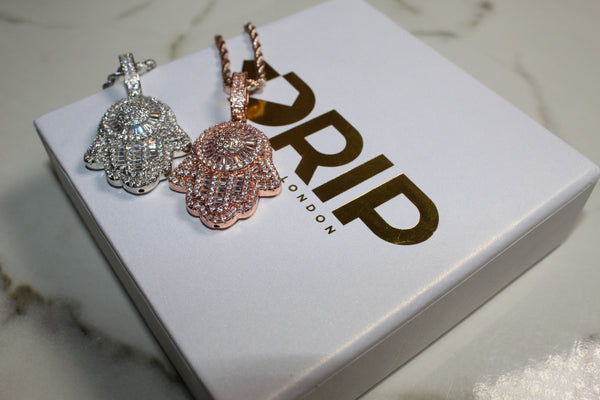 Hamsa Necklace - Cubic Zirconia - Pendant - Silver Or Rose Gold - Rope Chain