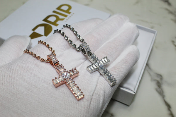 Baguette Cross - Cubic Zirconia - Silver or Rose Gold