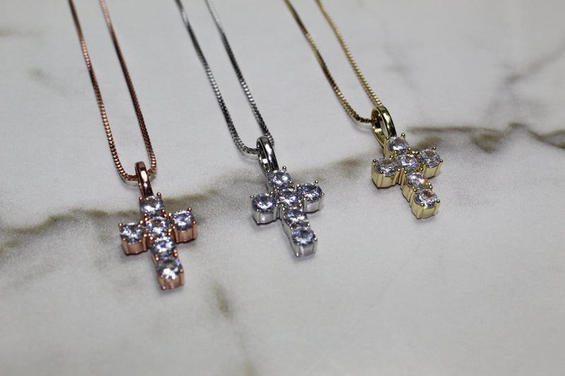 Micro 925 Cross - Cubic Zirconia - Pendant - Silver, Gold & Rose Gold - Rope Chain