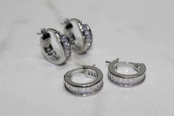 Mini Hoop Baguette Earrings - Silver