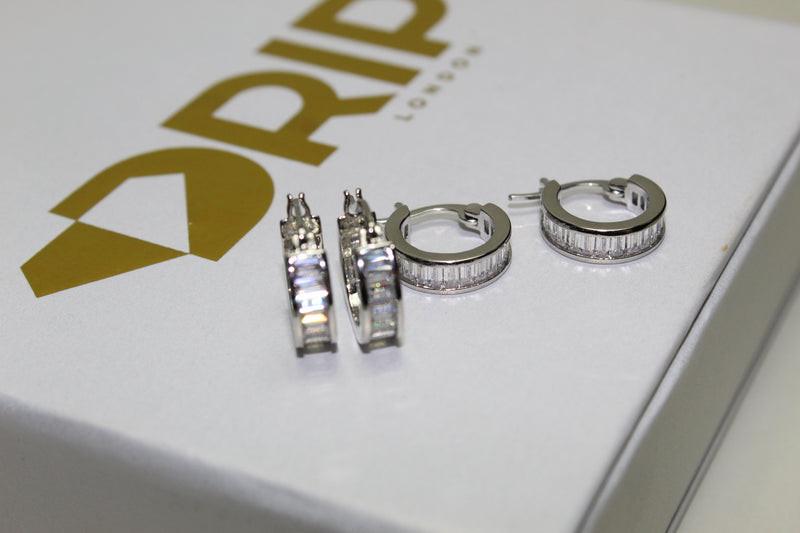 Mini Hoop Baguette Earrings - Silver